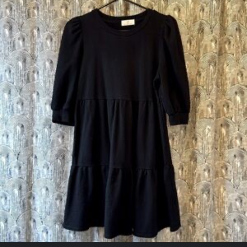 ANTHROPOLOGIE T.LA WOMEN'S BLACK PUFF SHORT SLEEVE dress casual tiered fall L - Picture 6 of 8